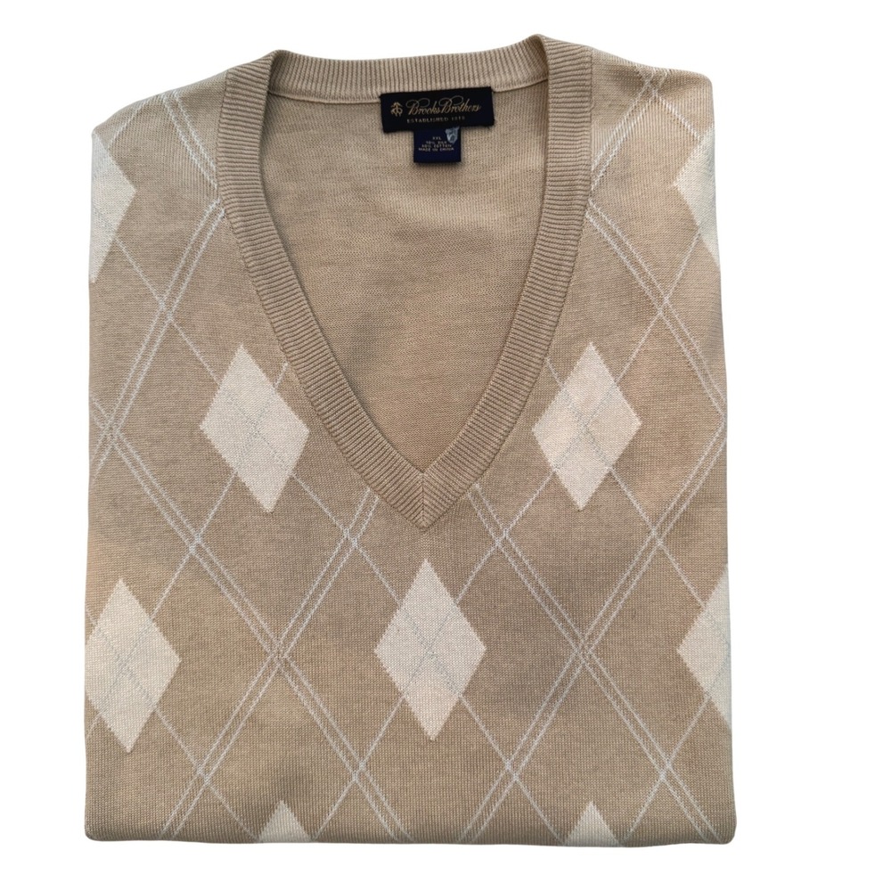 Brooks Brothers Argyle Sweater Vest Tan Cream V-Nek Cotton XXL - Picture 3 of 8